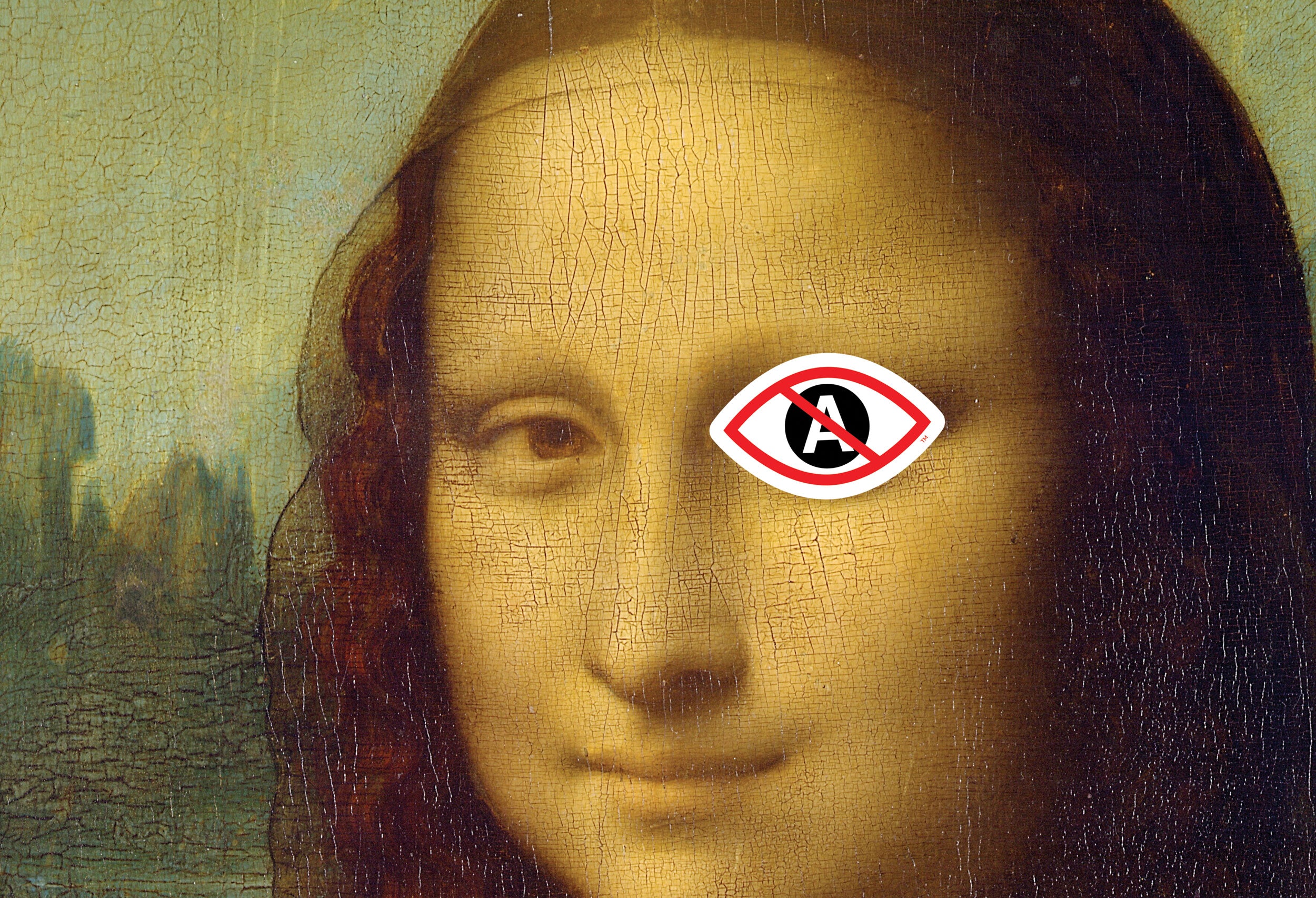 AI-free art, apparel, gifts, and creative expression represented by Mona Lisa with a No A Eye logo over one eye