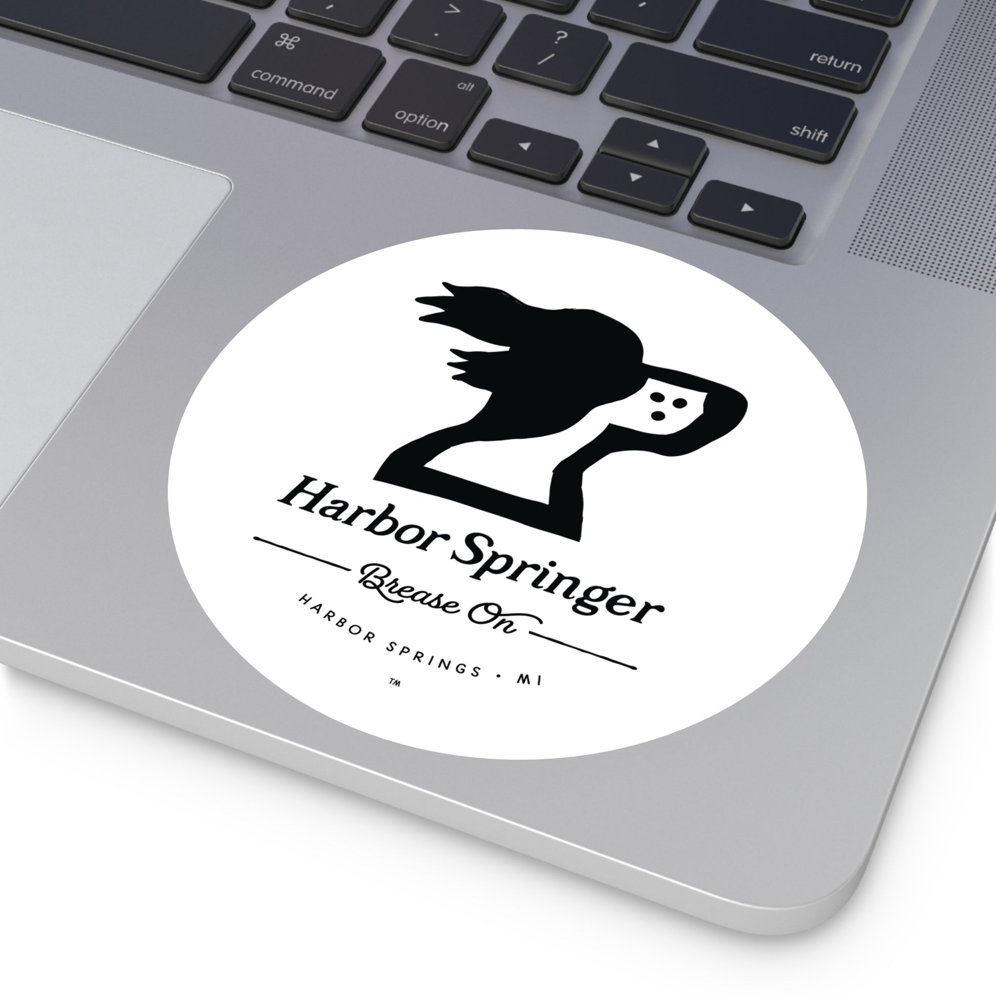 Extra large round laptop sticker of Michigan brand Harbor Springer springer spaniel dog logo with Brease On tagline.
