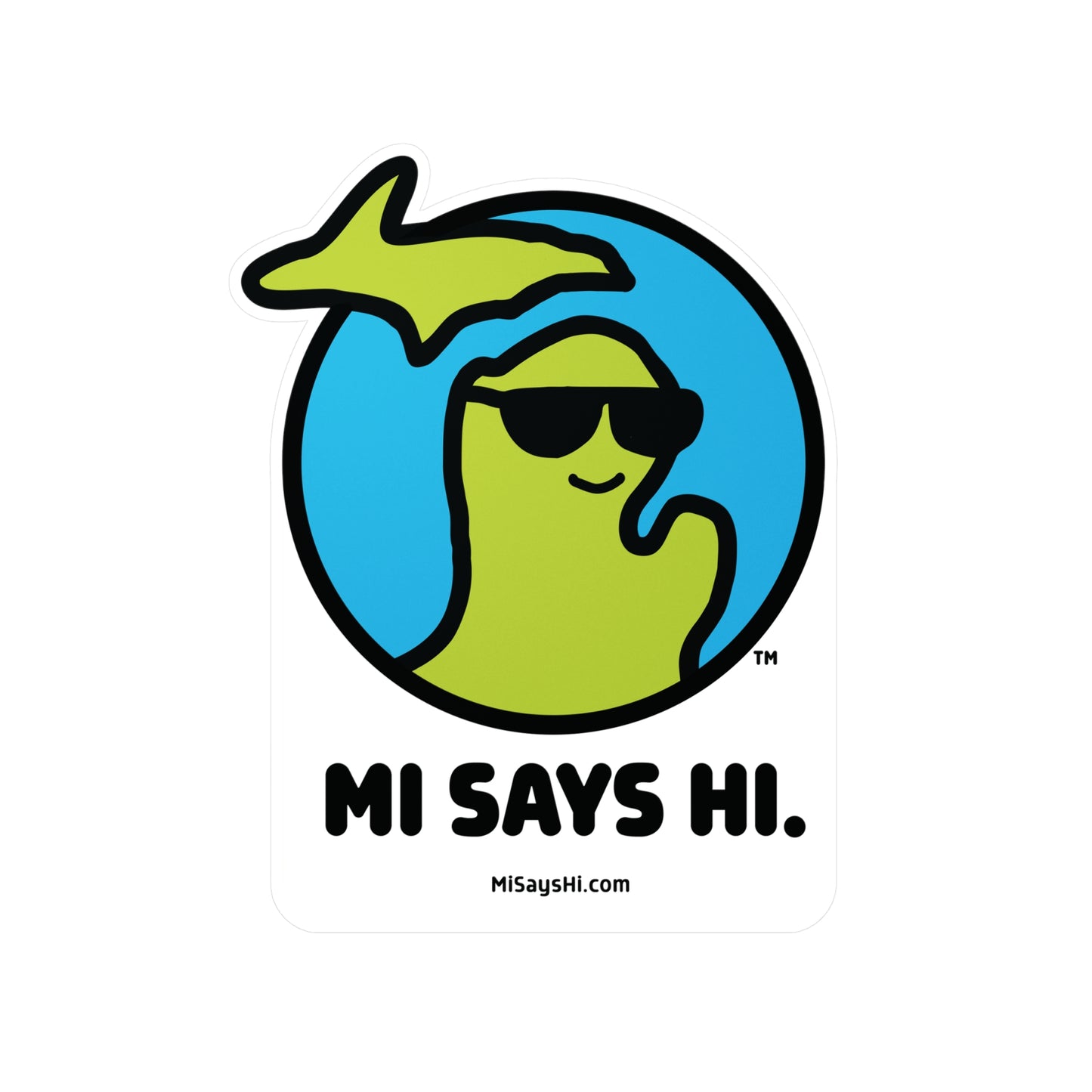 Extra large vinyl sticker with waving Michigan logo wearing sunglasses.
