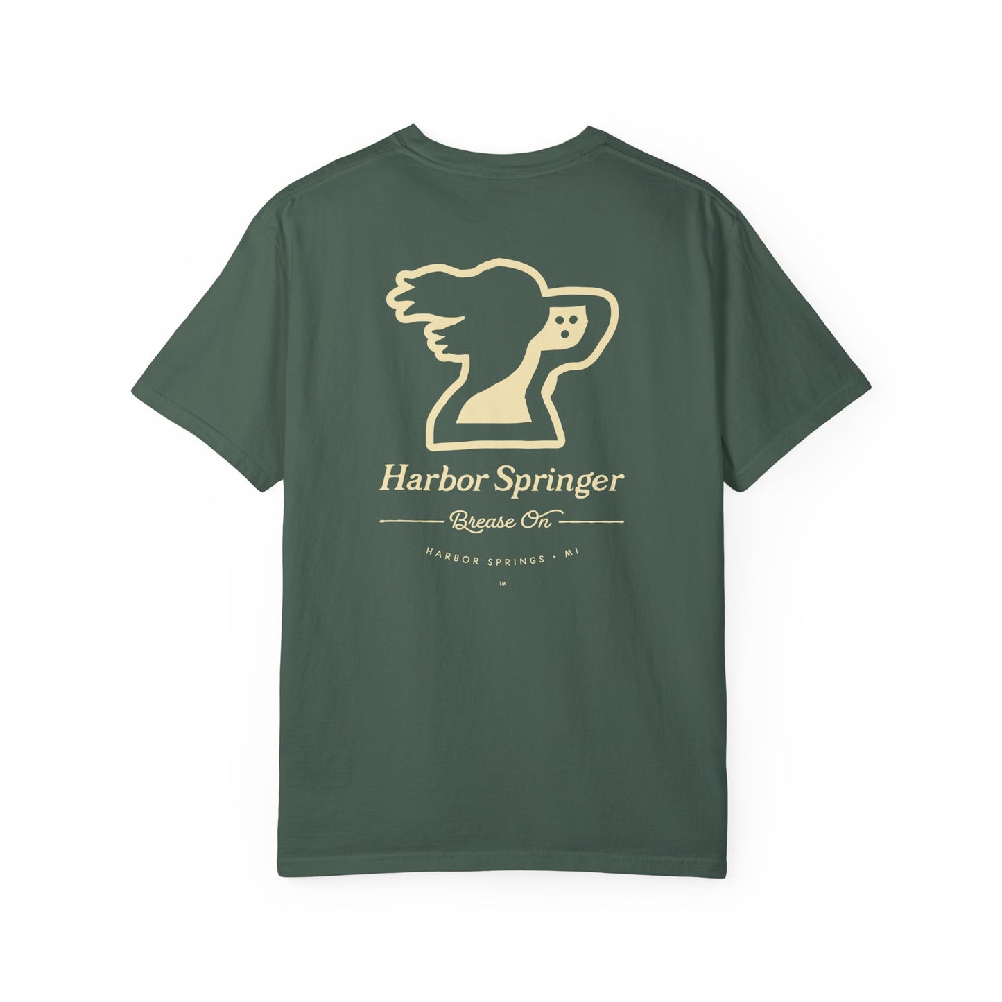 Forest green t-shirt by the Harbor Springer brand with a springer spaniel dog logo and Brease On tagline on the back.
