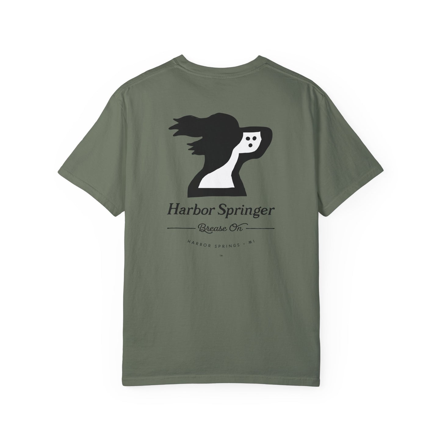 Green color t-shirt by the Harbor Springer brand with a springer spaniel dog logo and Brease On tagline on the back.