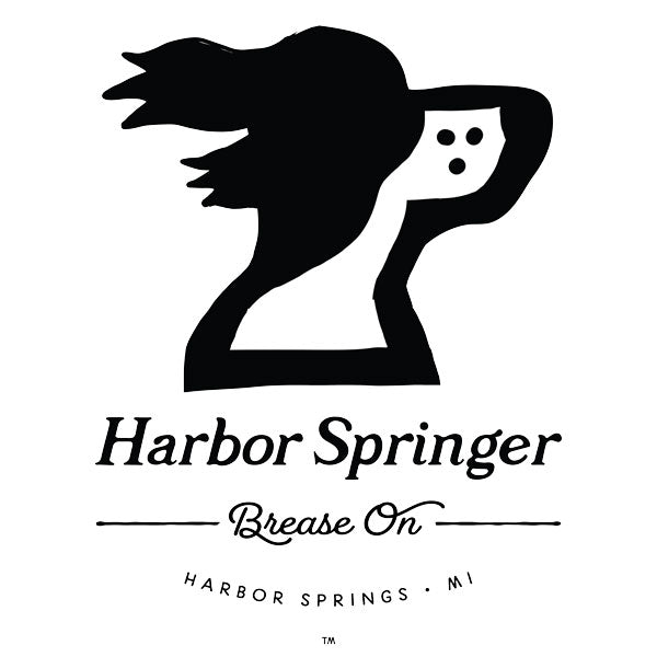 Clothing design featuring a springer spaniel dog logo and Brease On tagline by the Harbor Springer brand.