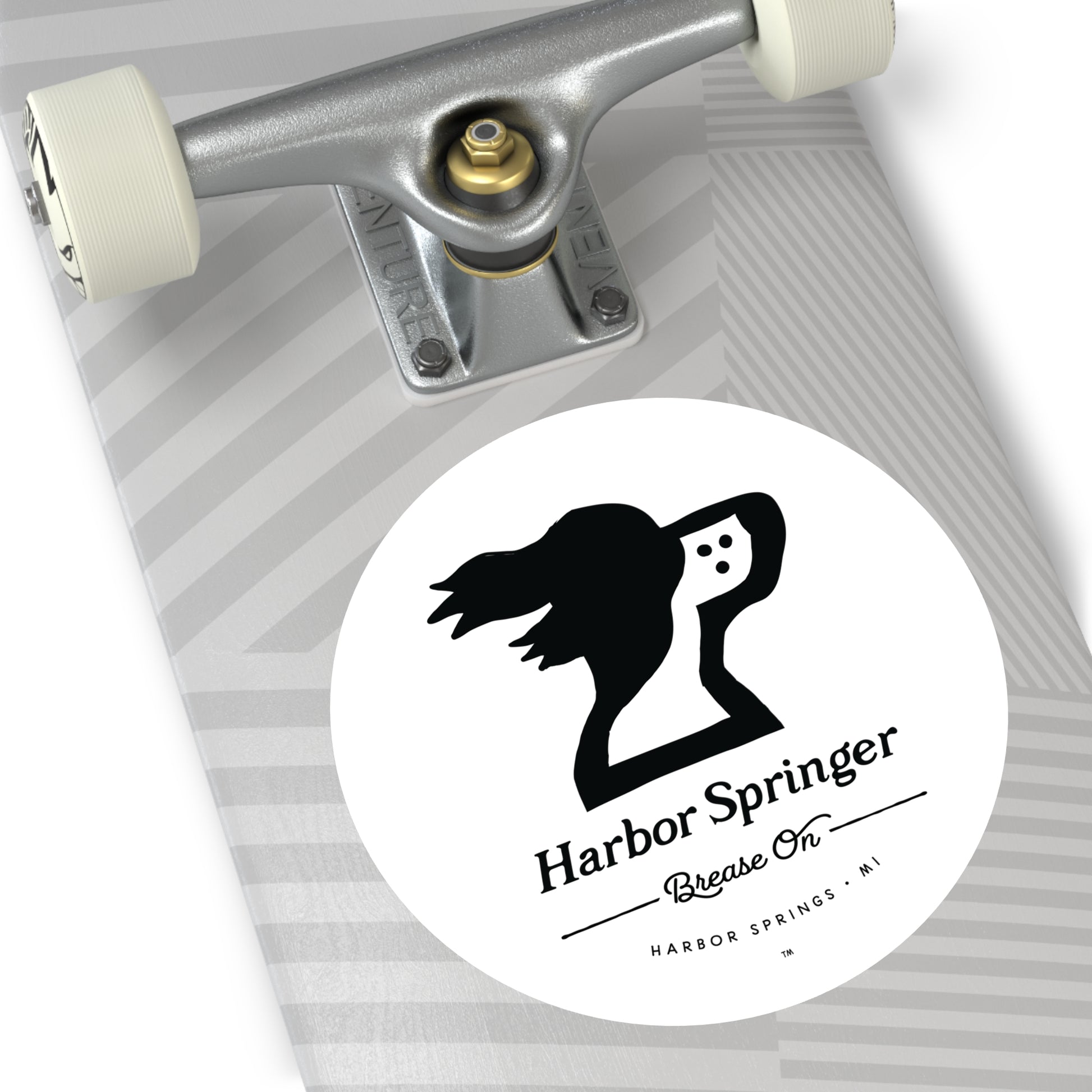 Jumbo round skateboard sticker of Michigan brand Harbor Springer springer spaniel dog logo with Brease On tagline.