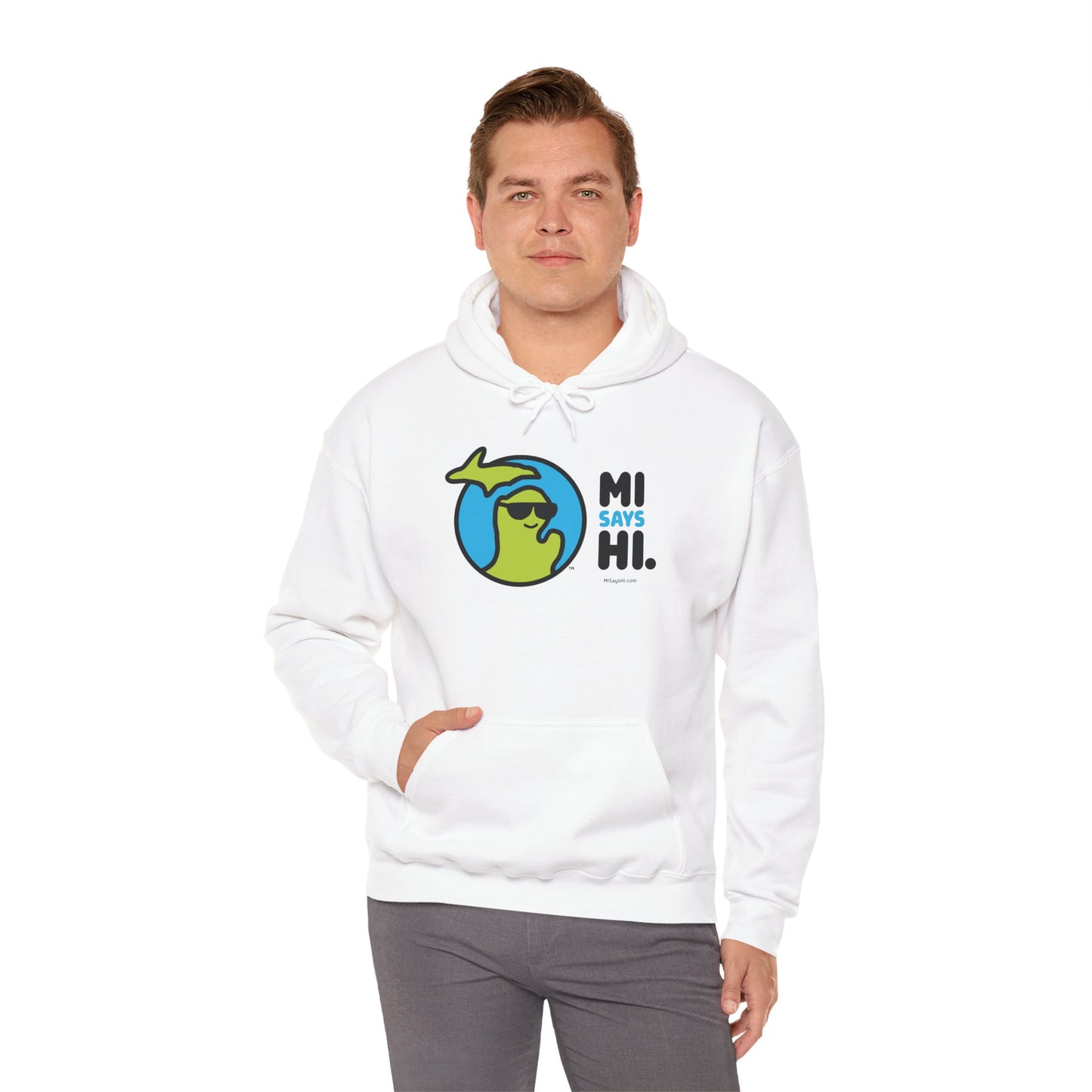 Man wearing a white hoodie with waving Michigan logo wearing sunglasses and smiling for the MI Says Hi brand.