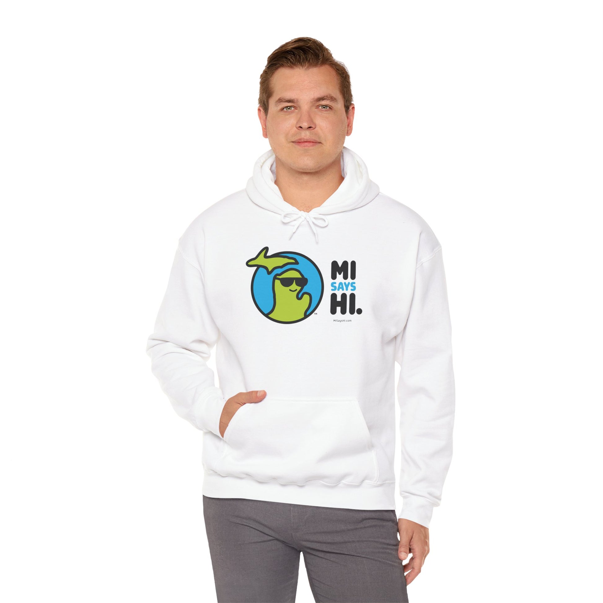 Man wearing a white hoodie with waving Michigan logo wearing sunglasses and smiling for the MI Says Hi brand.