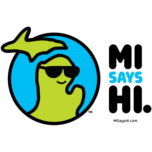 Waving Michigan logo wearing sunglasses and smiling with MI Says Hi title.