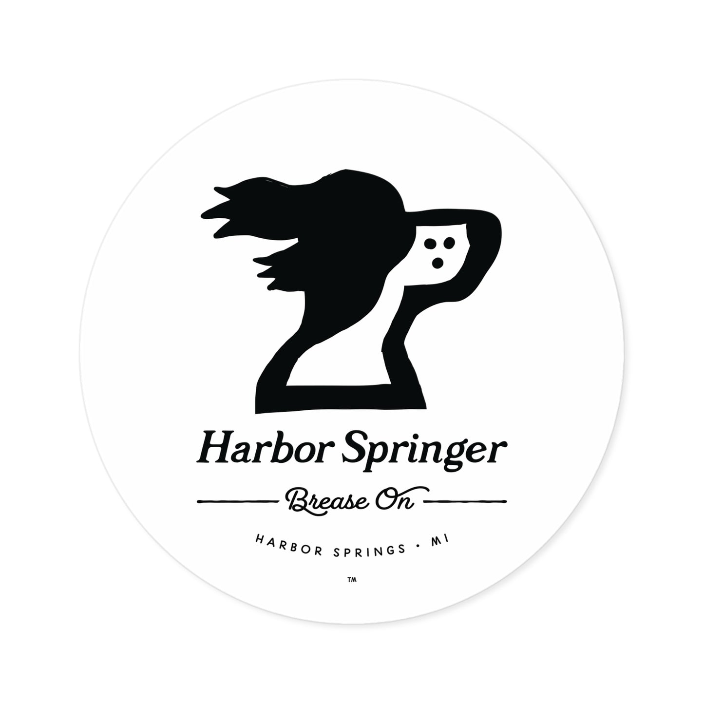 Large round sticker of Michigan brand Harbor Springer springer spaniel dog logo with Brease On tagline.