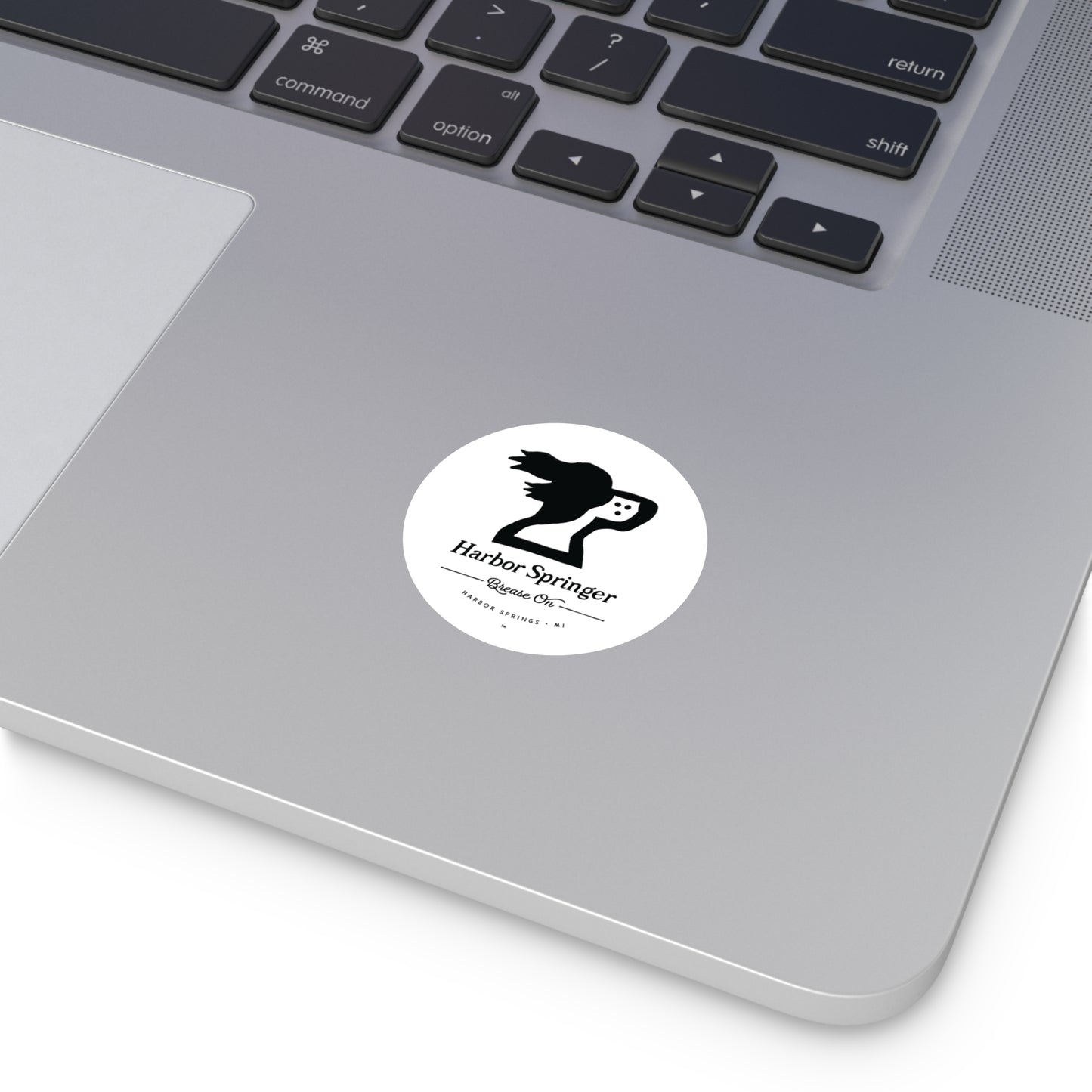 Michigan brand Harbor Springer springer spaniel dog logo with Brease On tagline on a round laptop sticker.