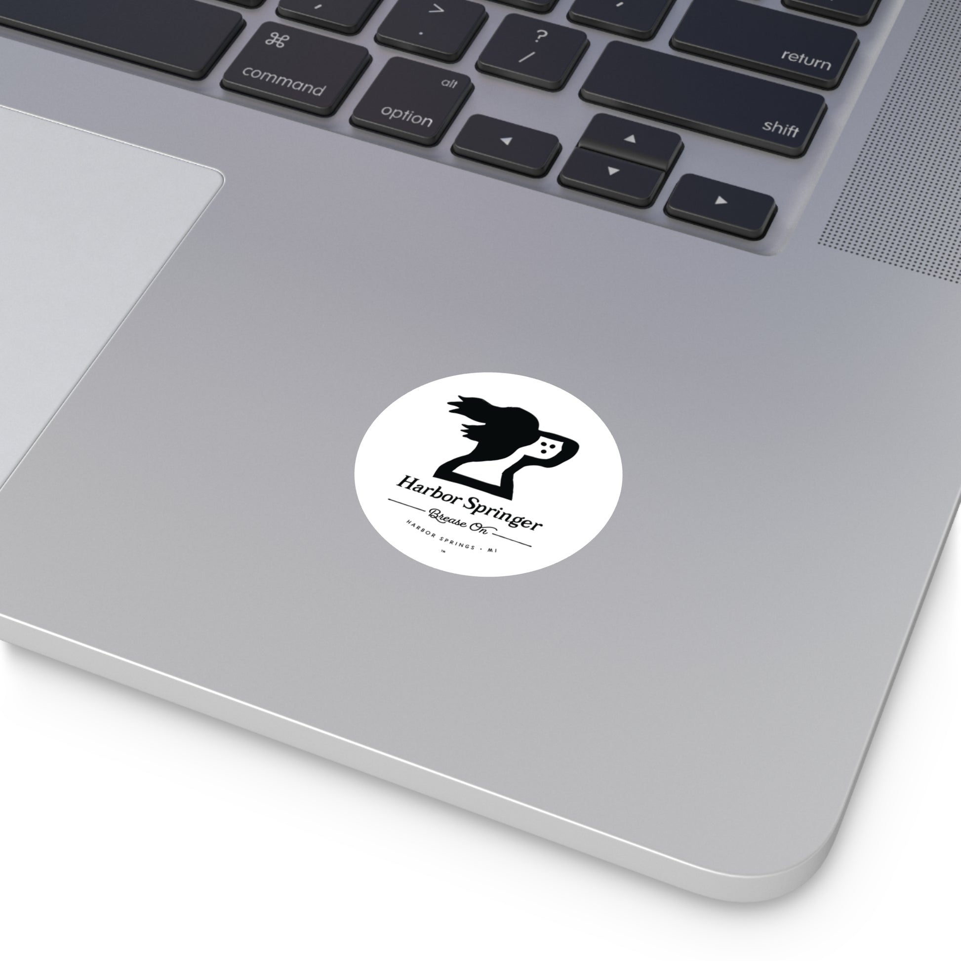 Michigan brand Harbor Springer springer spaniel dog logo with Brease On tagline on a round laptop sticker.