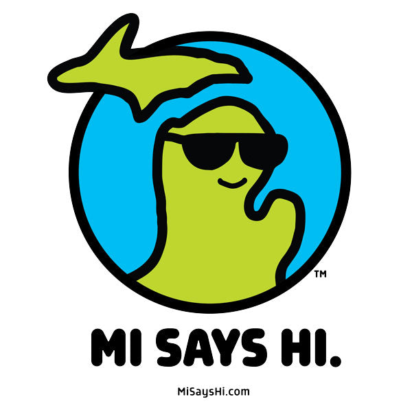 Waving Michigan logo wearing sunglasses and smiling for the MI Says Hi brand.