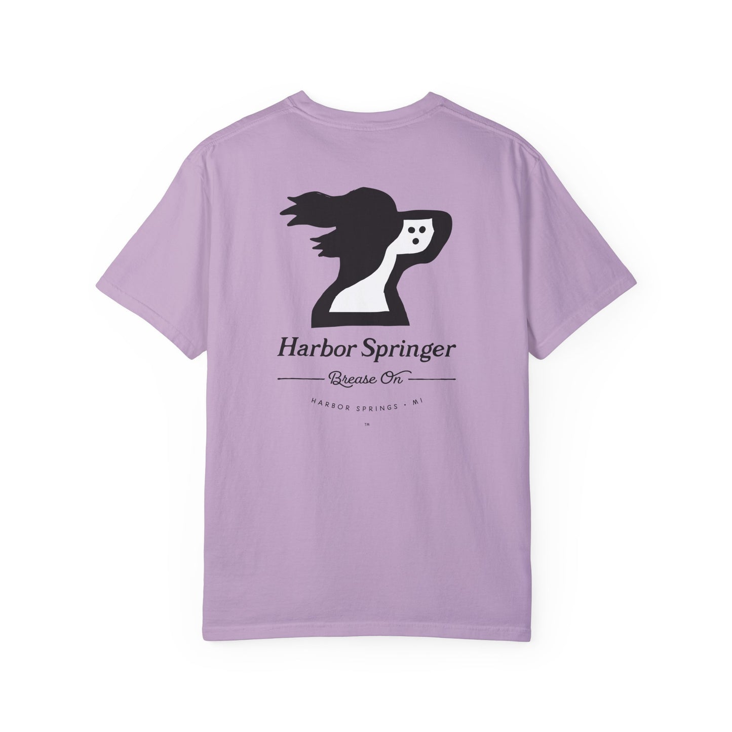 Purple t-shirt by the Harbor Springer brand with a springer spaniel dog logo and Brease On tagline on the back.