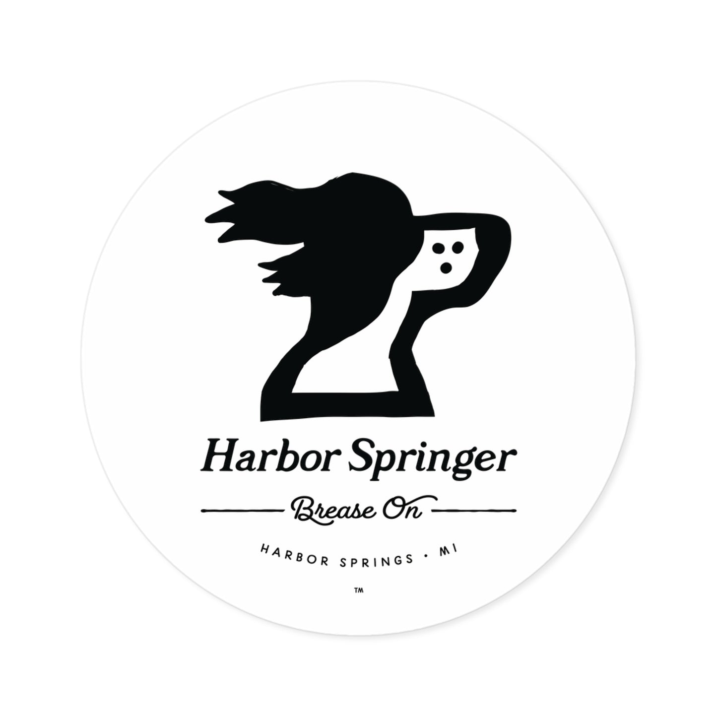Round sticker of Michigan brand Harbor Springer springer spaniel dog logo with Brease On tagline.