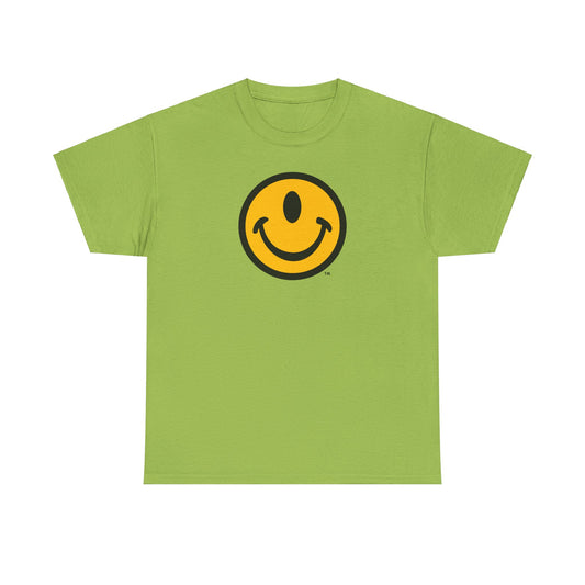 Bright green t-shirt with a one-eyed smiling face design by the Smileclops brand.