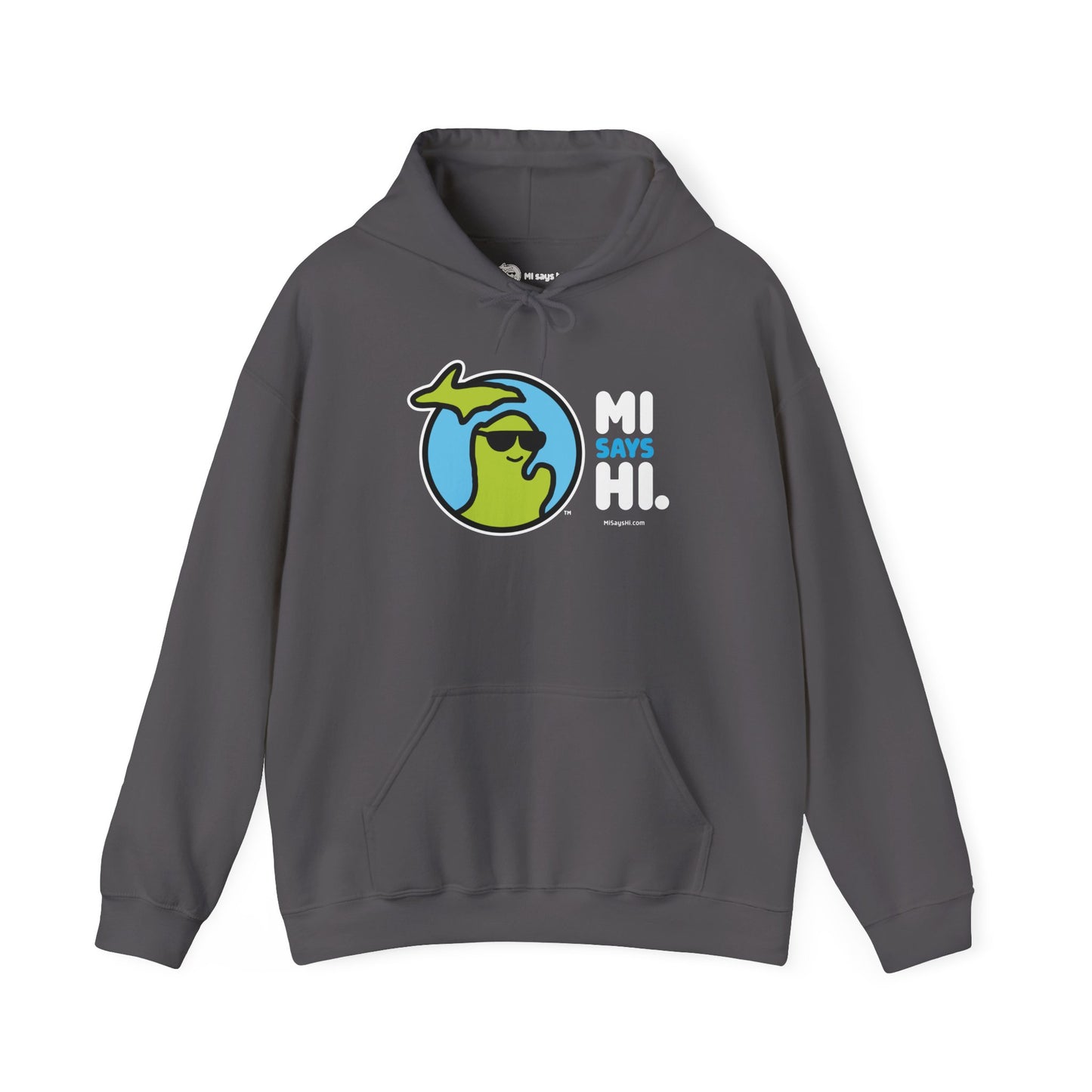 Gray hoodie with waving Michigan logo wearing sunglasses and smiling for the MI Says Hi brand.