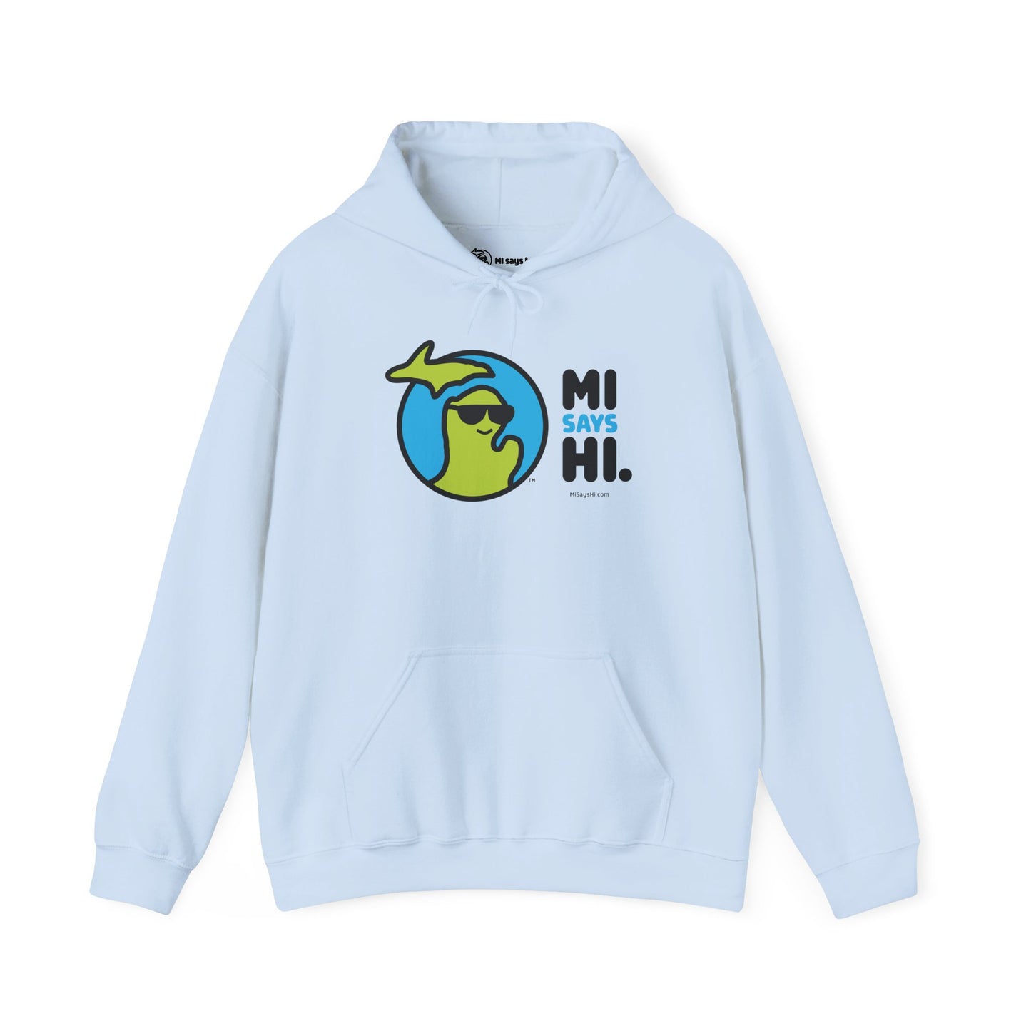 Light blue hoodie with waving Michigan logo wearing sunglasses and smiling for the MI Says Hi brand.