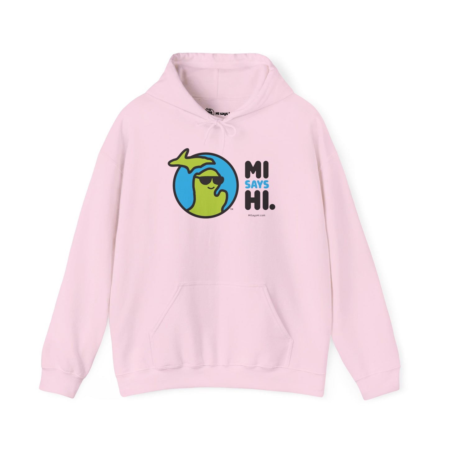 Closeup of neck label of a pink hoodie with waving Michigan logo wearing sunglasses and smiling for the MI Says Hi brand.