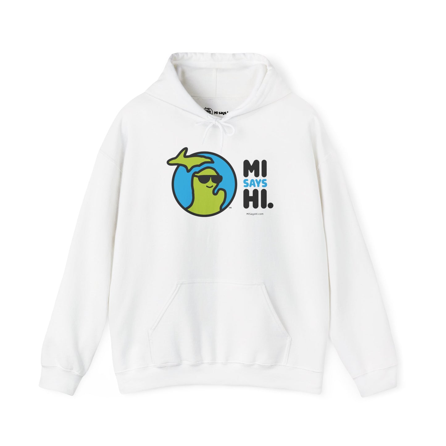 White hoodie with waving Michigan logo wearing sunglasses and smiling for the MI Says Hi brand.