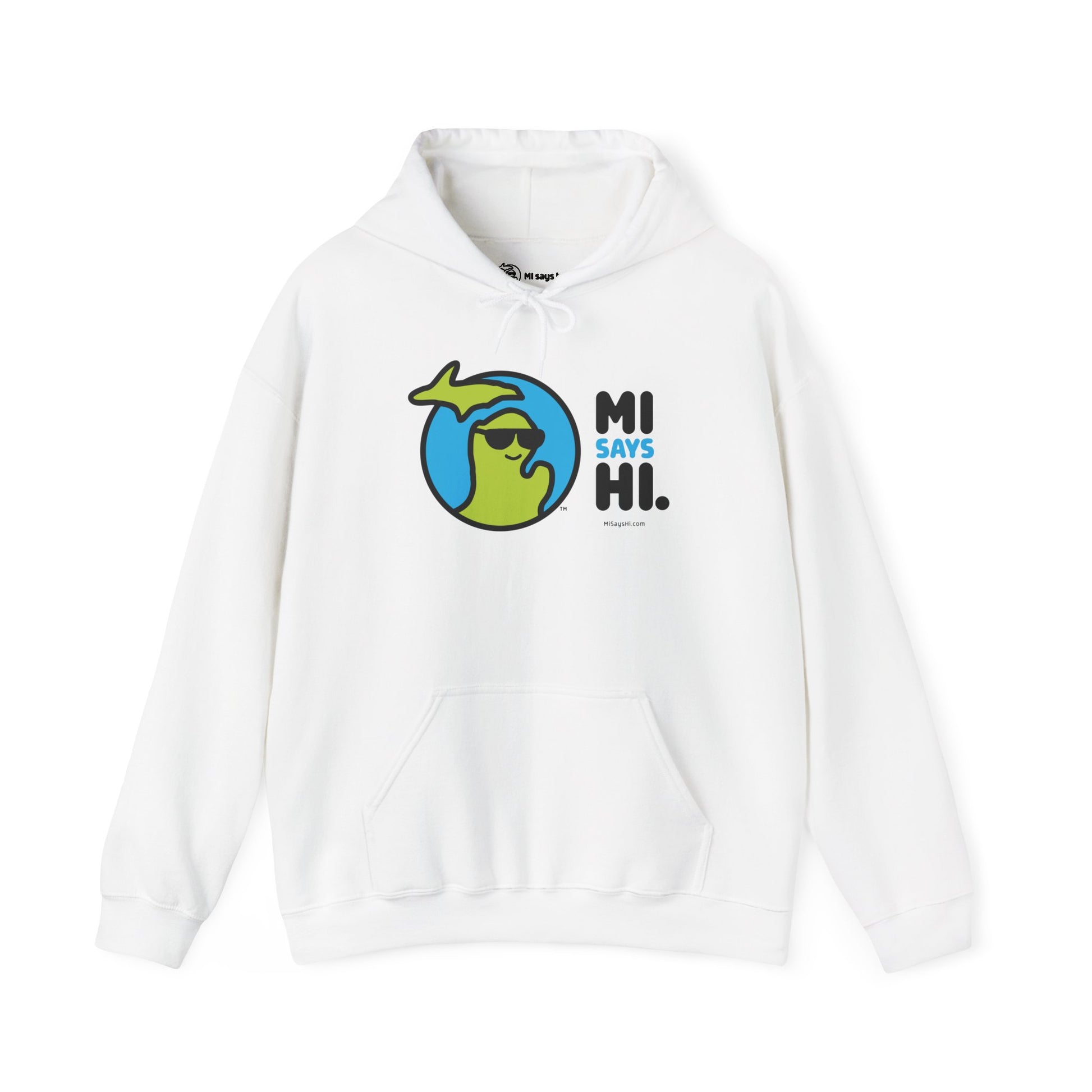 White hoodie with waving Michigan logo wearing sunglasses and smiling for the MI Says Hi brand.