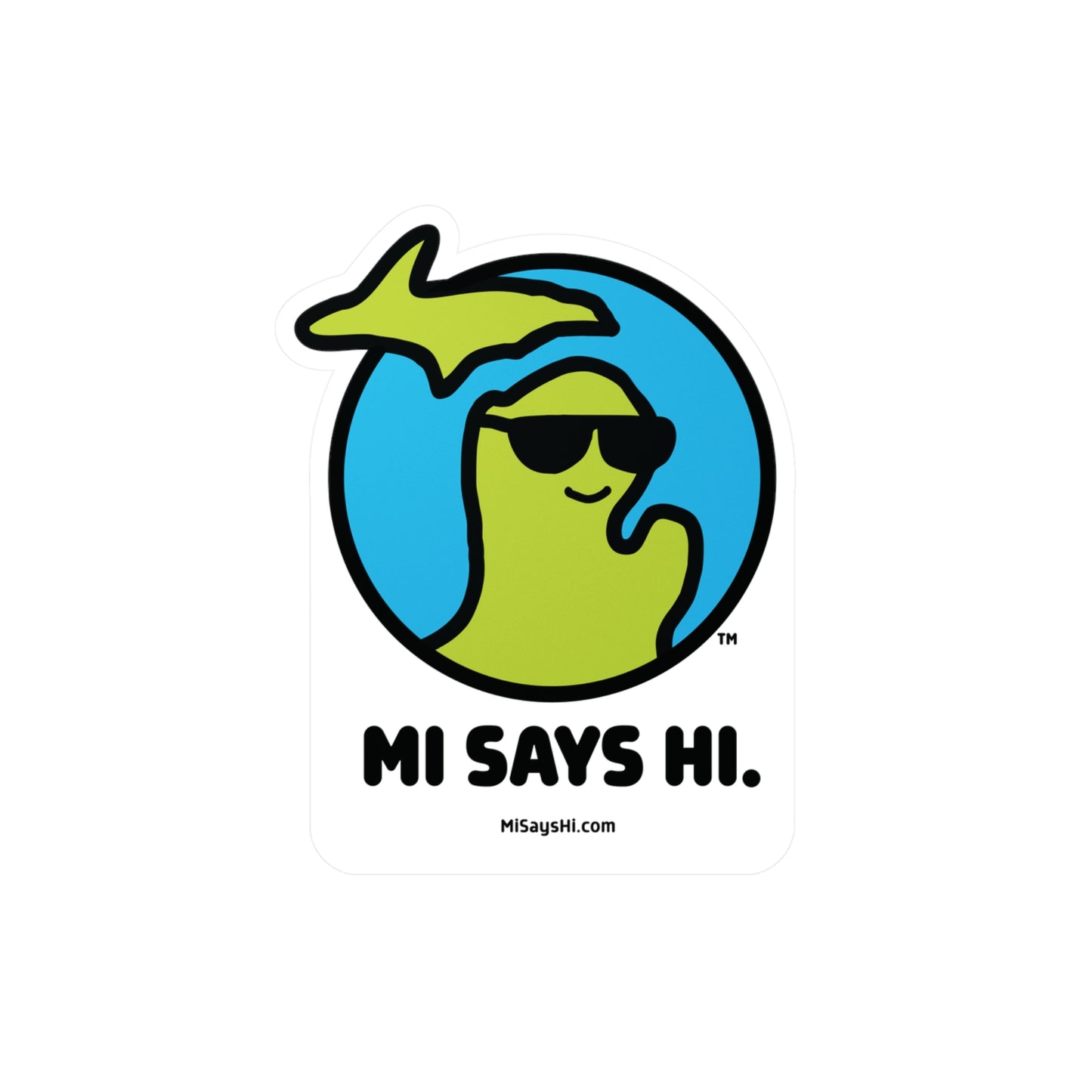Vinyl sticker with waving Michigan logo wearing sunglasses.